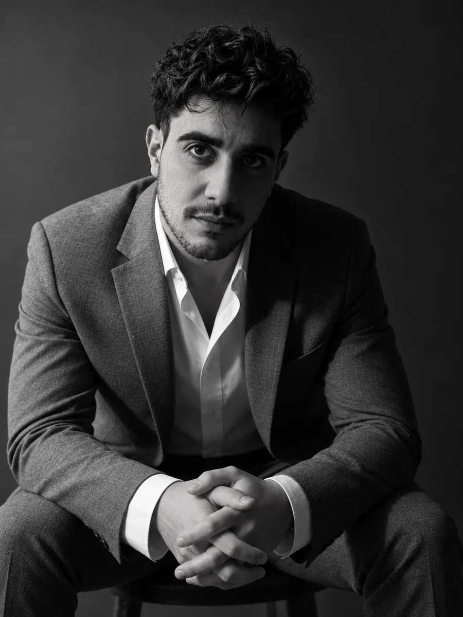Giacomo Beccani seduto su uno sgabello, in bianco e nero